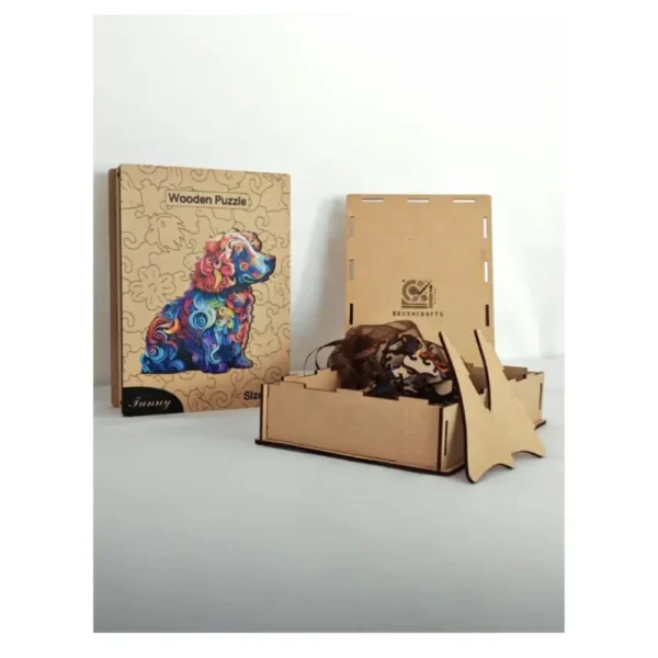 Coffret de puzzle en bois artisanal Cocker avec logo BrushCrafts.
