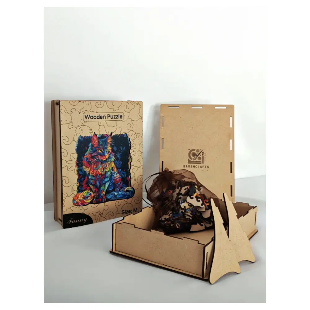 Coffret de puzzle en bois artisanal Maine Coon avec logo BrushCrafts.