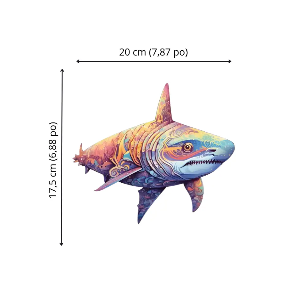 Dimensions du puzzle Requin Coloré (20 cm) pour évaluer la taille avant achat.