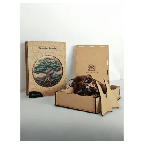 Coffret de puzzle en bois artisanal "Arbre de Vie" avec logo BrushCrafts.