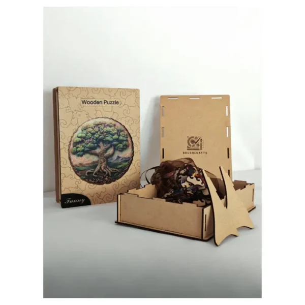 Coffret de puzzle en bois artisanal "Arbre de Vie" avec logo BrushCrafts.