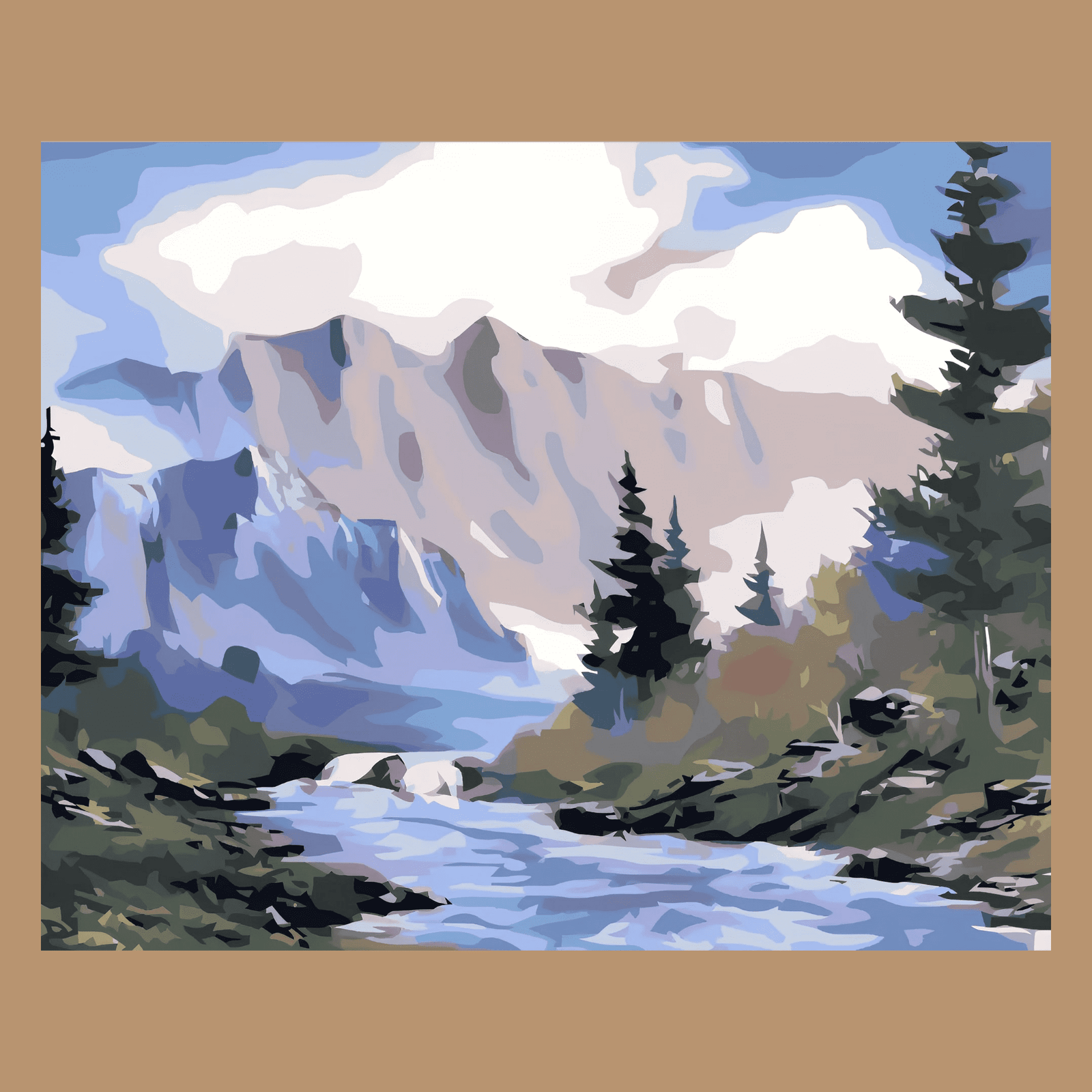 Peinture par numéros Montagnes et Rivière et forêt de sapins sur châssis bois