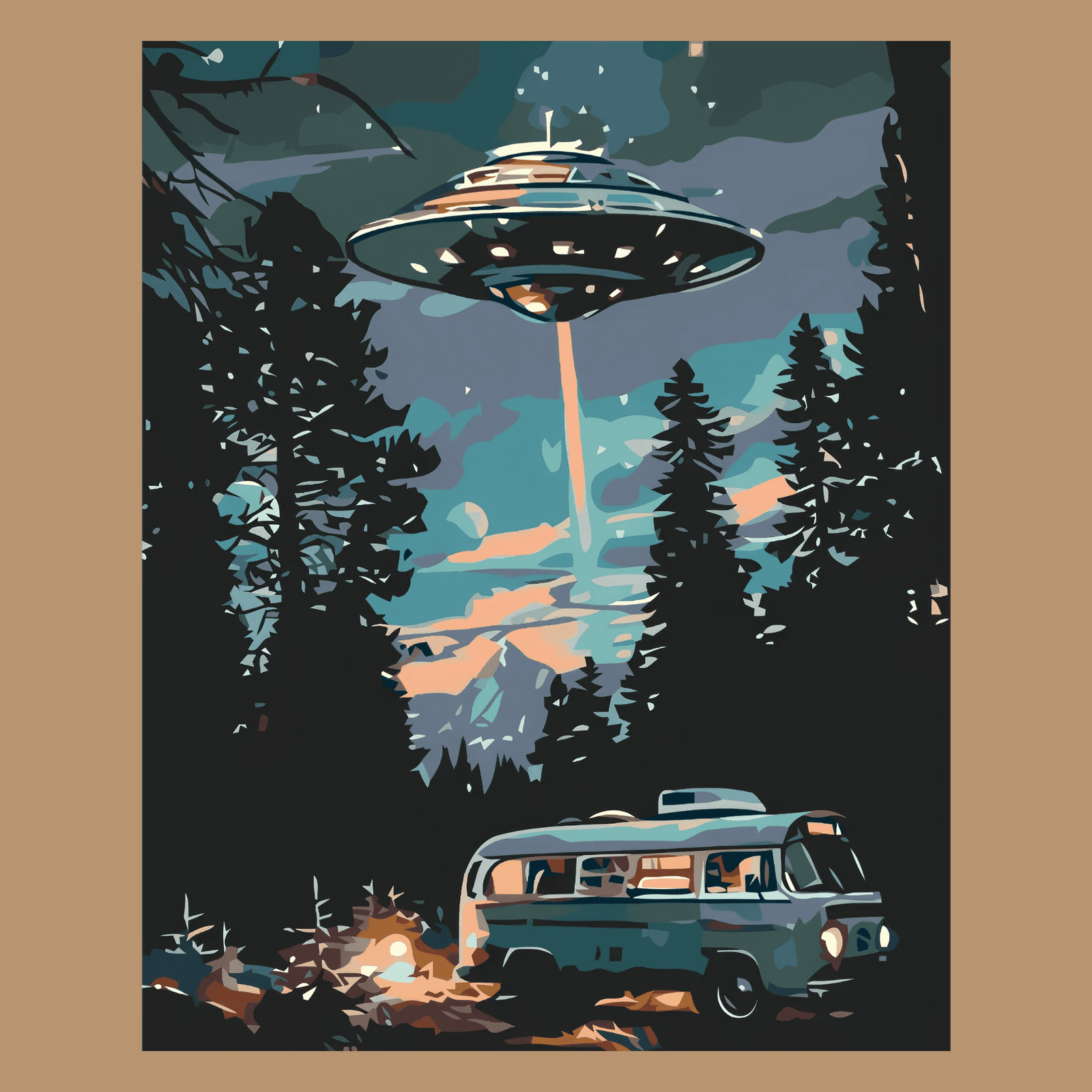 Kit peinture par numéros Ovni et Van vintage ambiance nocturne châssis bois