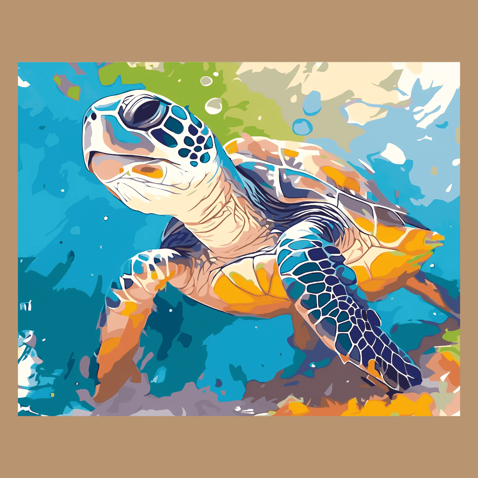 Peinture par numéros Tortue de Mer nageant océan couleurs vives sur châssis bois
