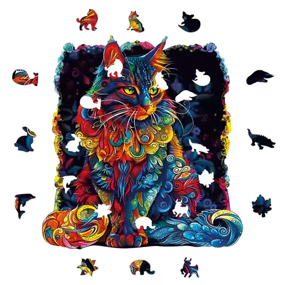 Détails des pièces de puzzle Main Coon en bois BrushCrafts découpées en formes d'animaux.