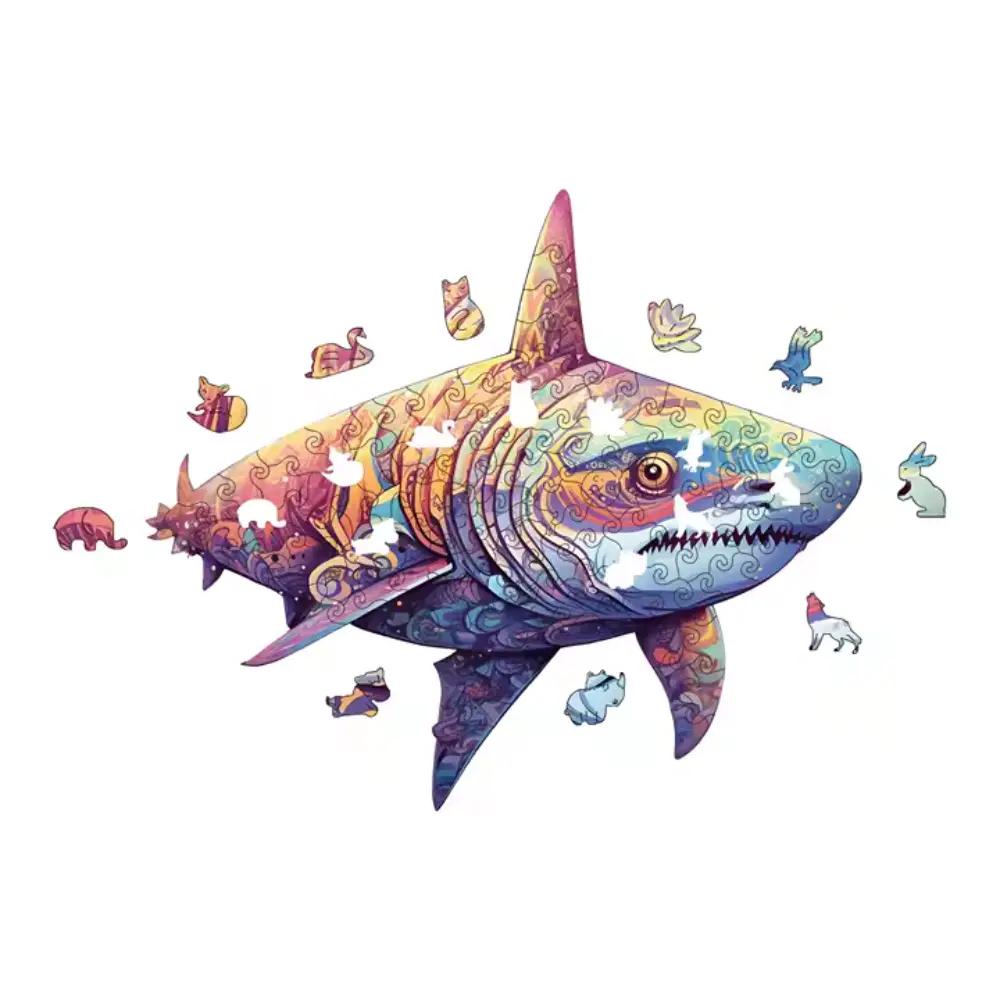Détails des pièces de puzzle Requin Coloré en bois BrushCrafts découpées en formes d'animaux.