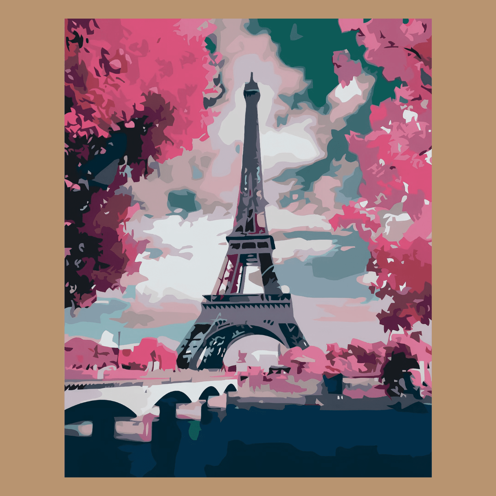 Peinture par numéros Paris et tour Eiffel et cerisiers en fleurs rose sur châssis bois