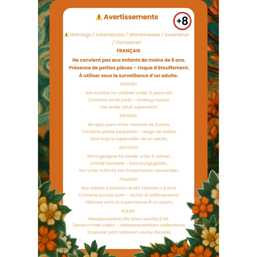 Fiche de sécurité multilingue pour le puzzles Lune Japonaise en bois BrushCrafts (+8 ans).