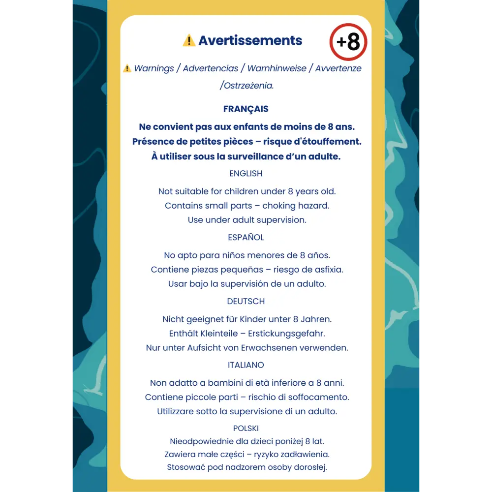 Fiche de sécurité multilingue pour le puzzles Requin Coloré en bois BrushCrafts (+8 ans).