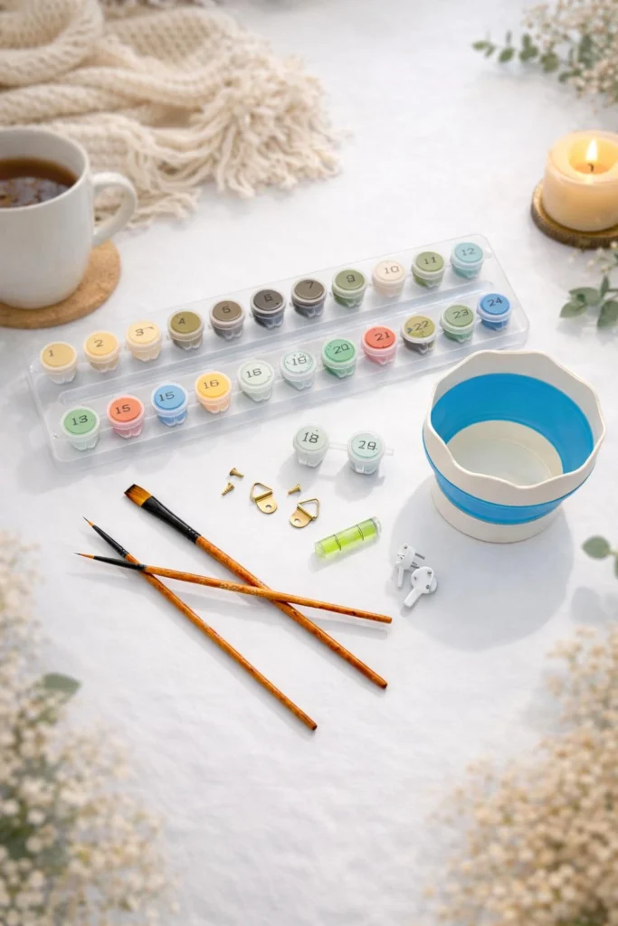 Accessoires de peinture inclus niveau à bulle, gobelet rétractable et pinceaux de précision