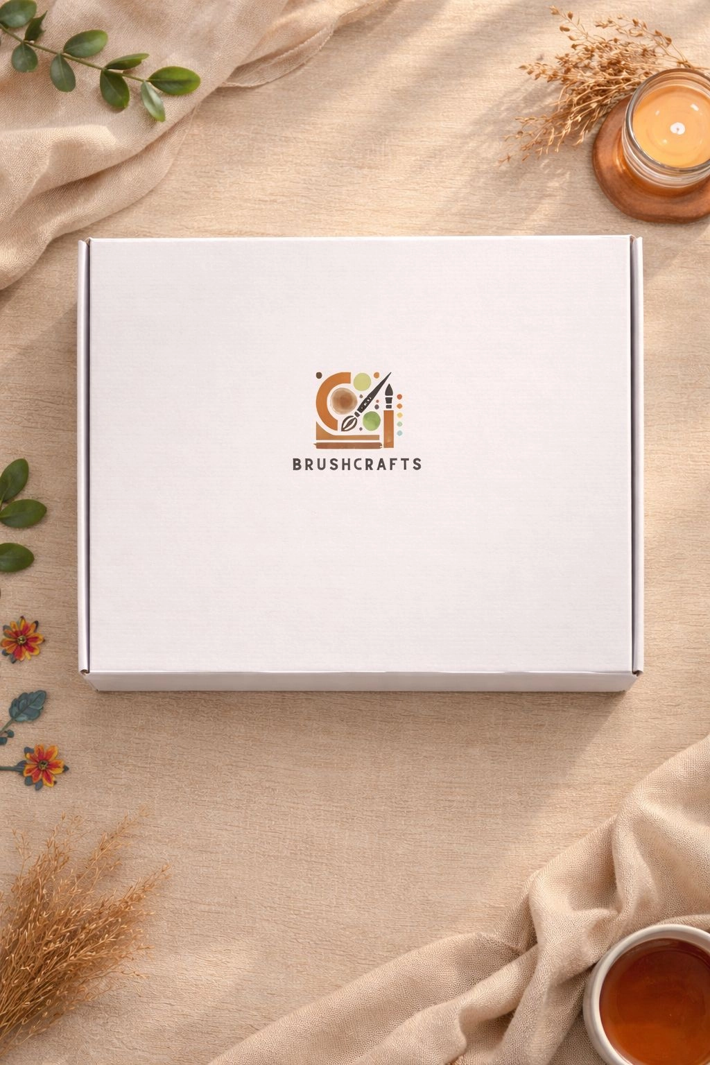 Boite d'emballage sur fond beige avec logo Brushcrafts