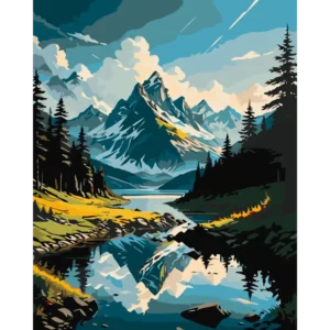 Peinture par numéros Sommets et Lac Miroir enneigée sur châssis bois