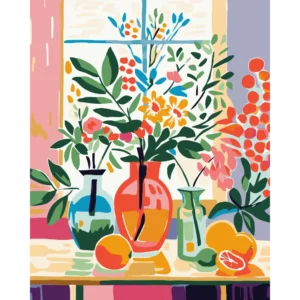 Peinture par numéros bouquet de fleurs fenêtre et agrumes sur châssis bois