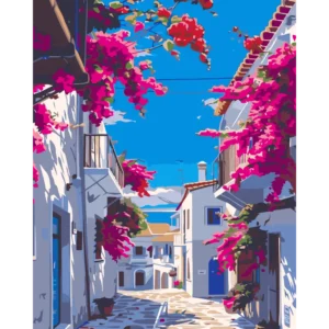 Peinture par numéros Bougainvilliers sur murs Blancs village sud