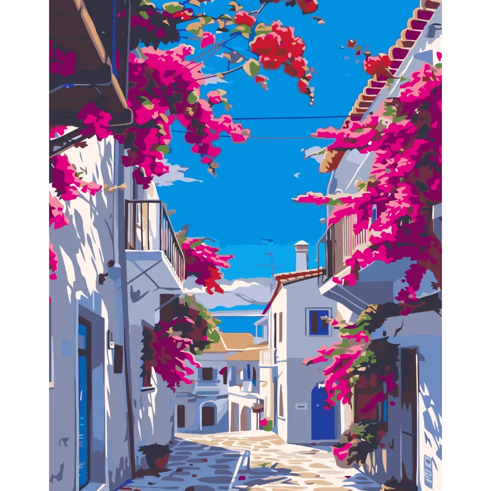 Peinture par numéros Bougainvilliers sur murs Blancs village sud