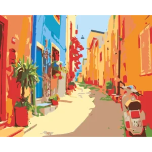 Peinture par numéros Ruelle aux façades Vives avec scooter bleu vintage