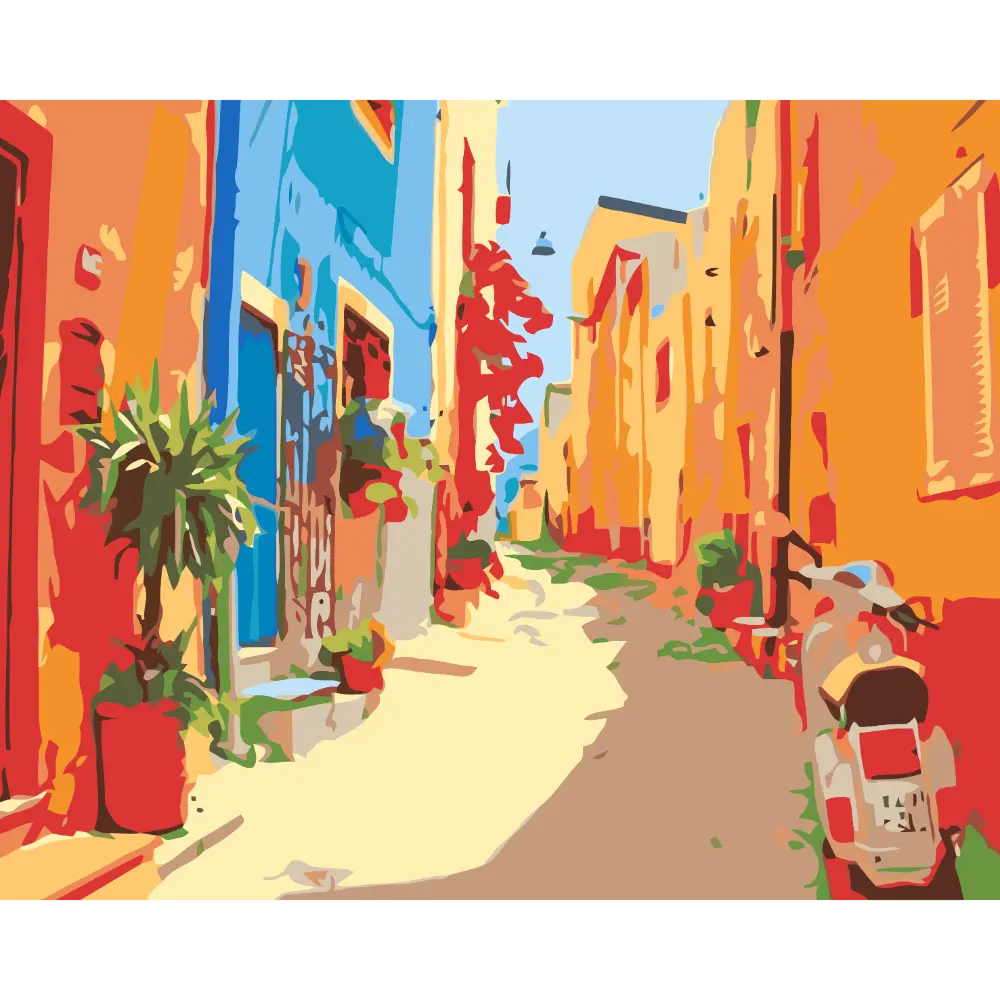 Peinture par numéros Ruelle aux façades Vives avec scooter bleu vintage
