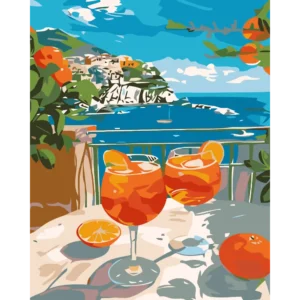 Peinture par numéros Spritz orange terrasse vue mer italie sur châssis bois