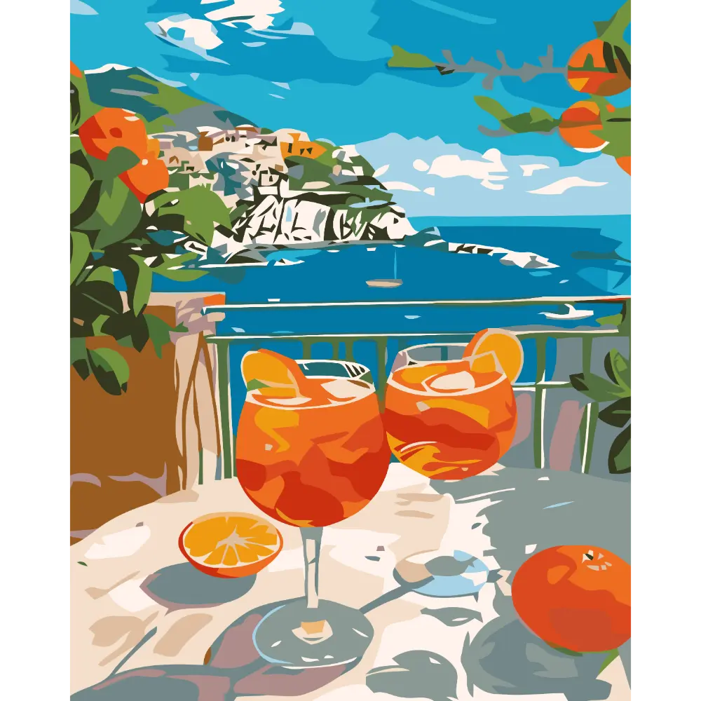 Peinture par numéros Spritz orange terrasse vue mer italie sur châssis bois