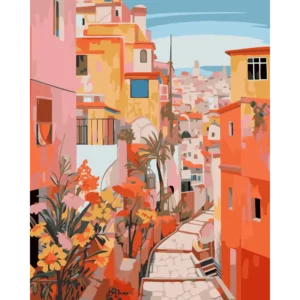 Peinture par numéros Rue en pente Ocre et fleurs sur châssis bois