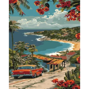 Peinture par numéros voiture ancienne rouge bord de mer baie azur sur châssis bois