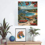 Exemple de décoration puzzles en bois et peinture par numéros sur un mur de salon.